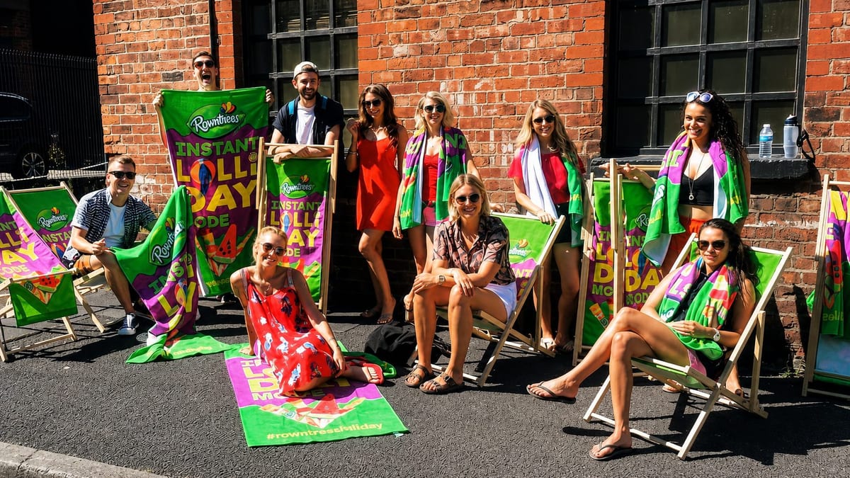 Rowntree's brand ambassadors relaxing in branded deck chairs with beach towels and props on a city street