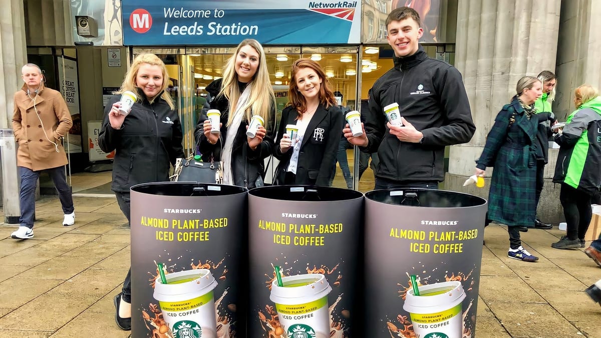 EXECUTIONAL brand ambassadors sampling Starbucks iced coffee outside Leeds Station