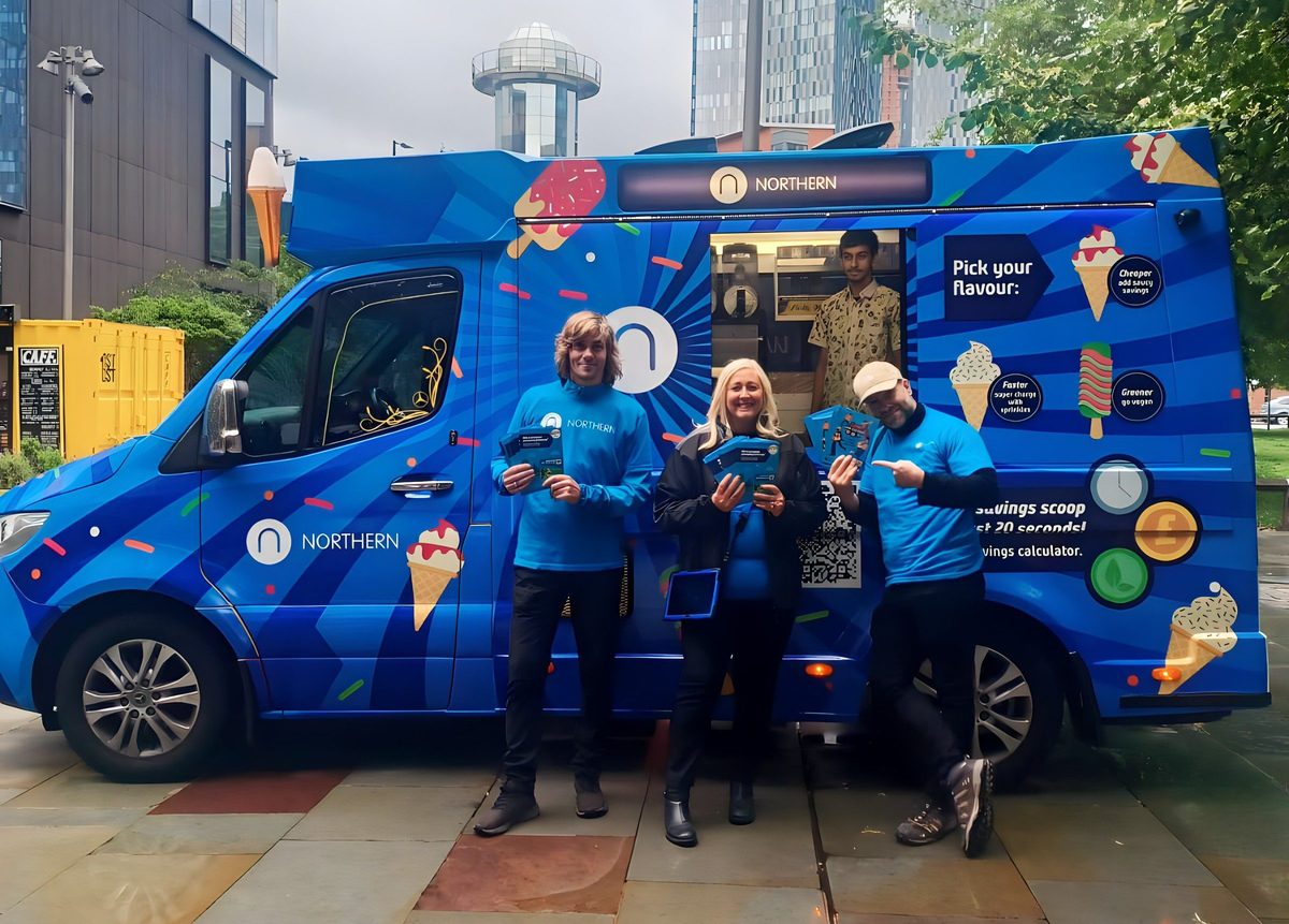 Brand ambassadors in Northern jackets beside a branded ice cream van
