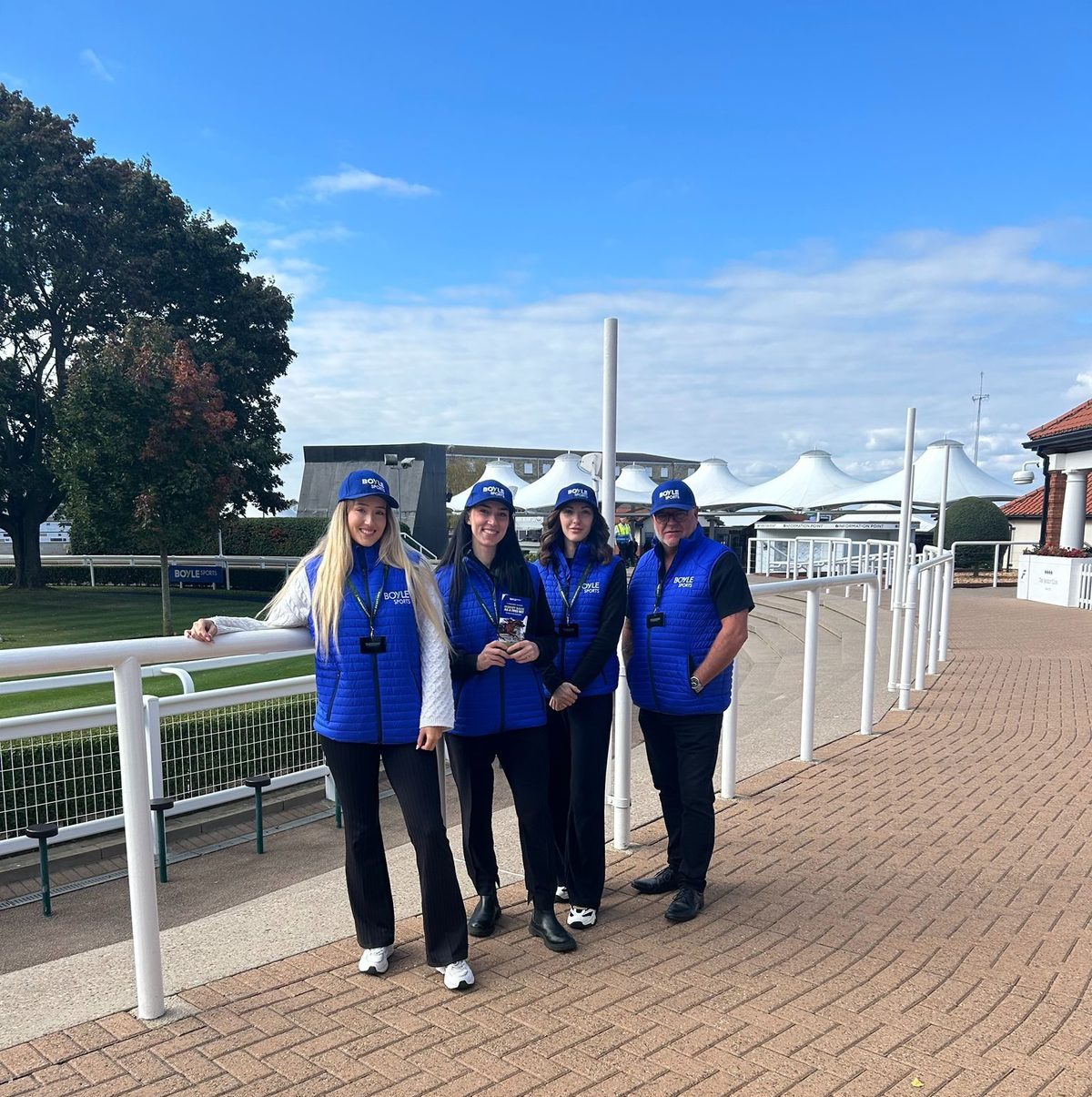 BoyleSports leafleting team in matching blue jackets at Newmarket Racecourse