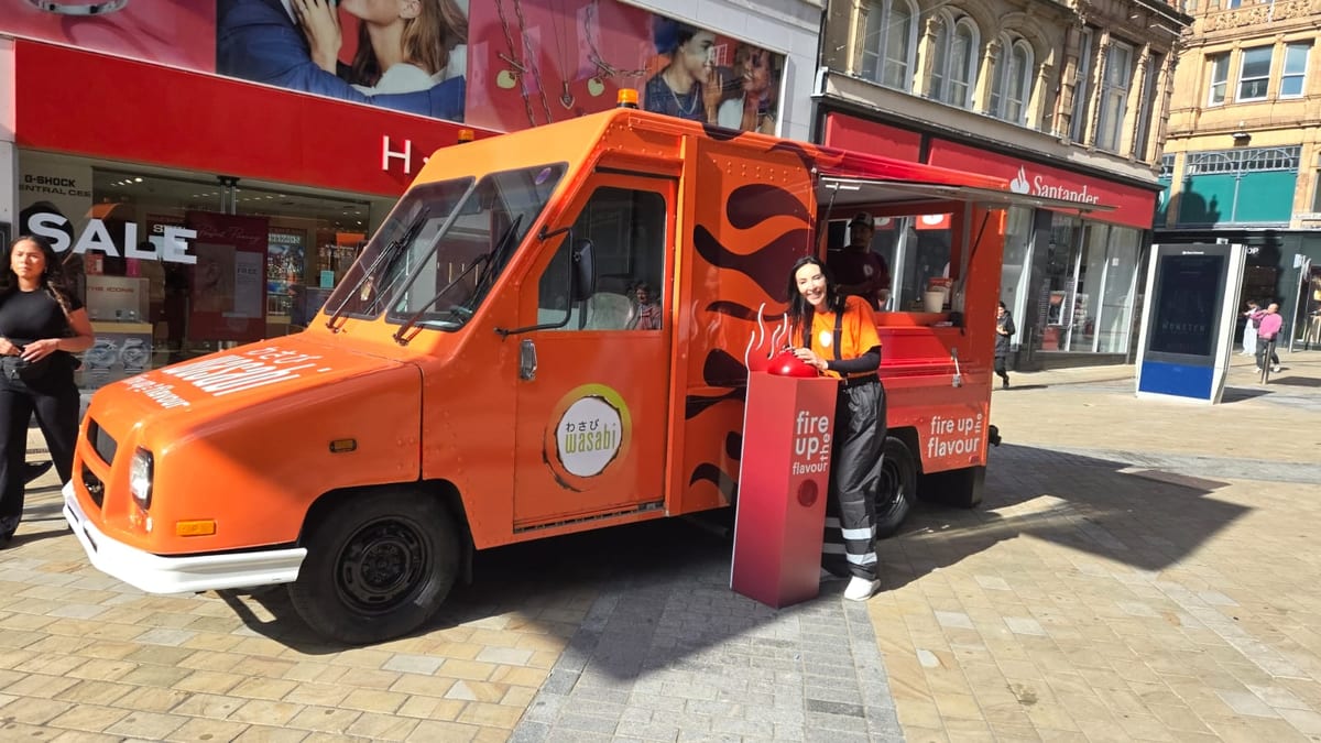 Wasabi sampling van and staff on Briggate, Leeds