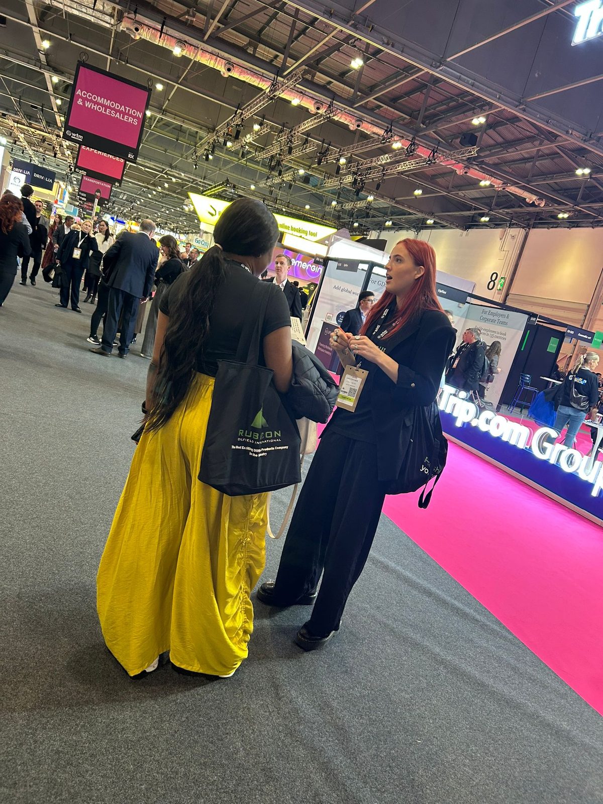 Staff speaking with attendees near the d-flo stand at an exhibition