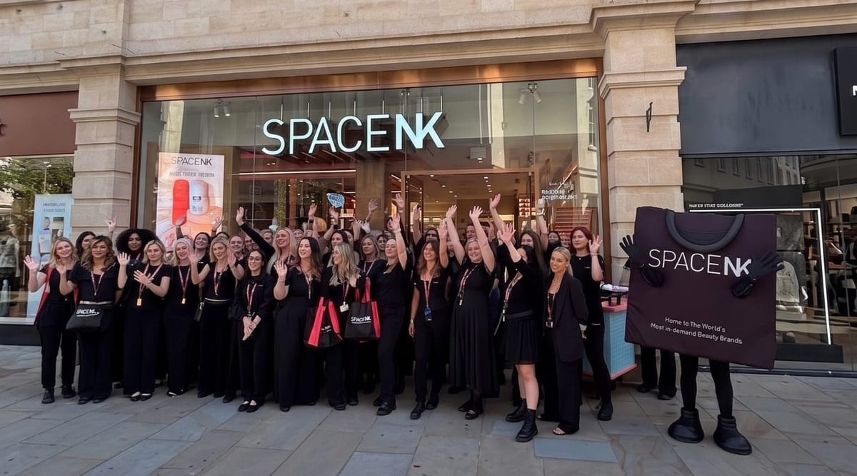 Large promotional team in matching black outside the Space NK Bath store