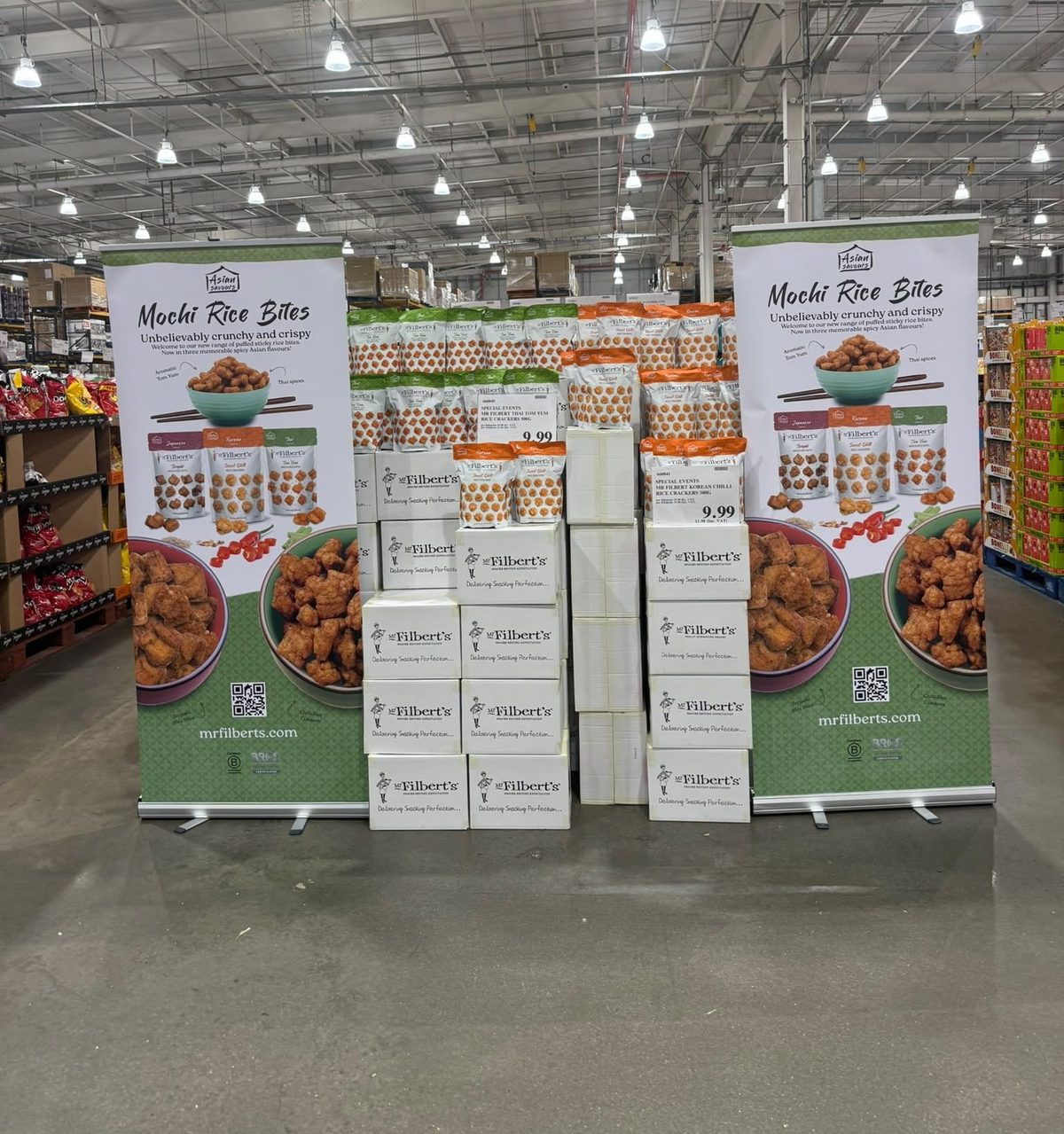 Mr Filbert's Mochi Rice Bites display stacked with 500g bags at Costco Thurrock